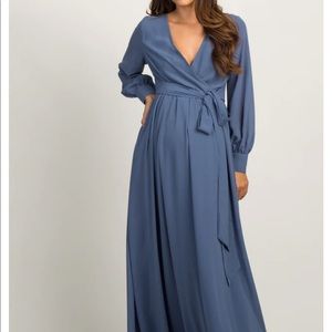 Blue Chiffon Long Sleeve Pleated Maternity Maxi Dress - M